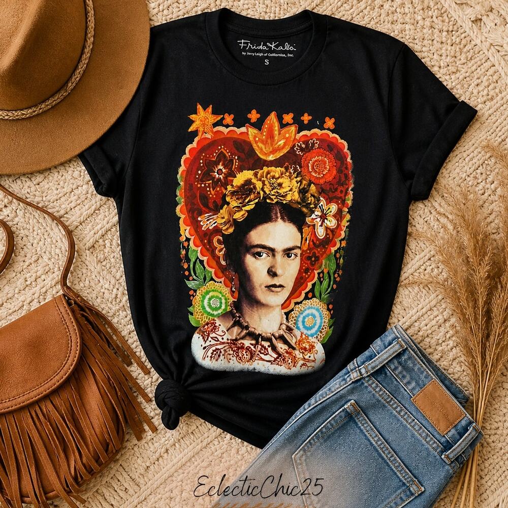 Frida Kahlo Graphic T-Shirt Small Blue Floral Portrait Tee Boho Cotton Blend